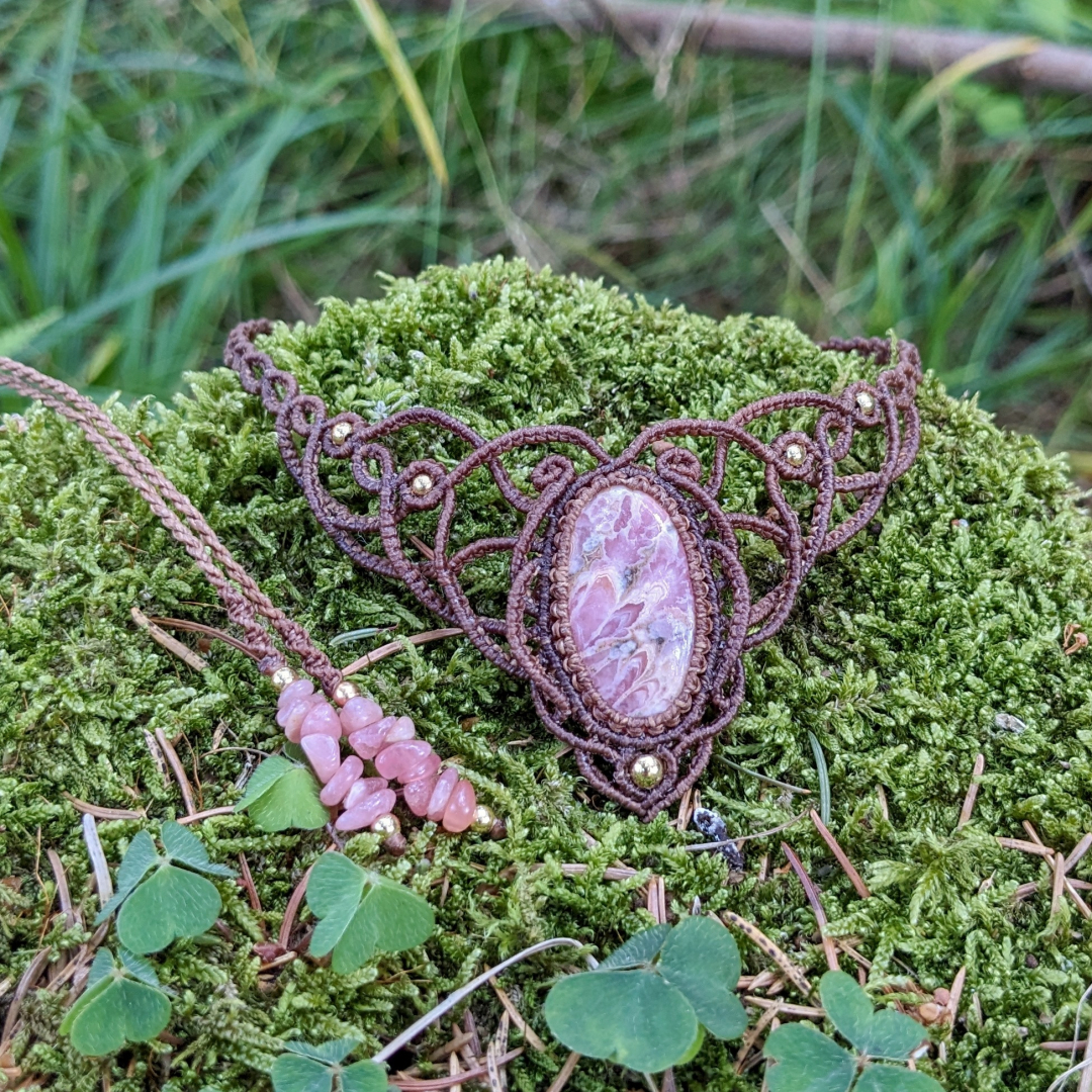 macrame choker náhrdelník rodochrozit
