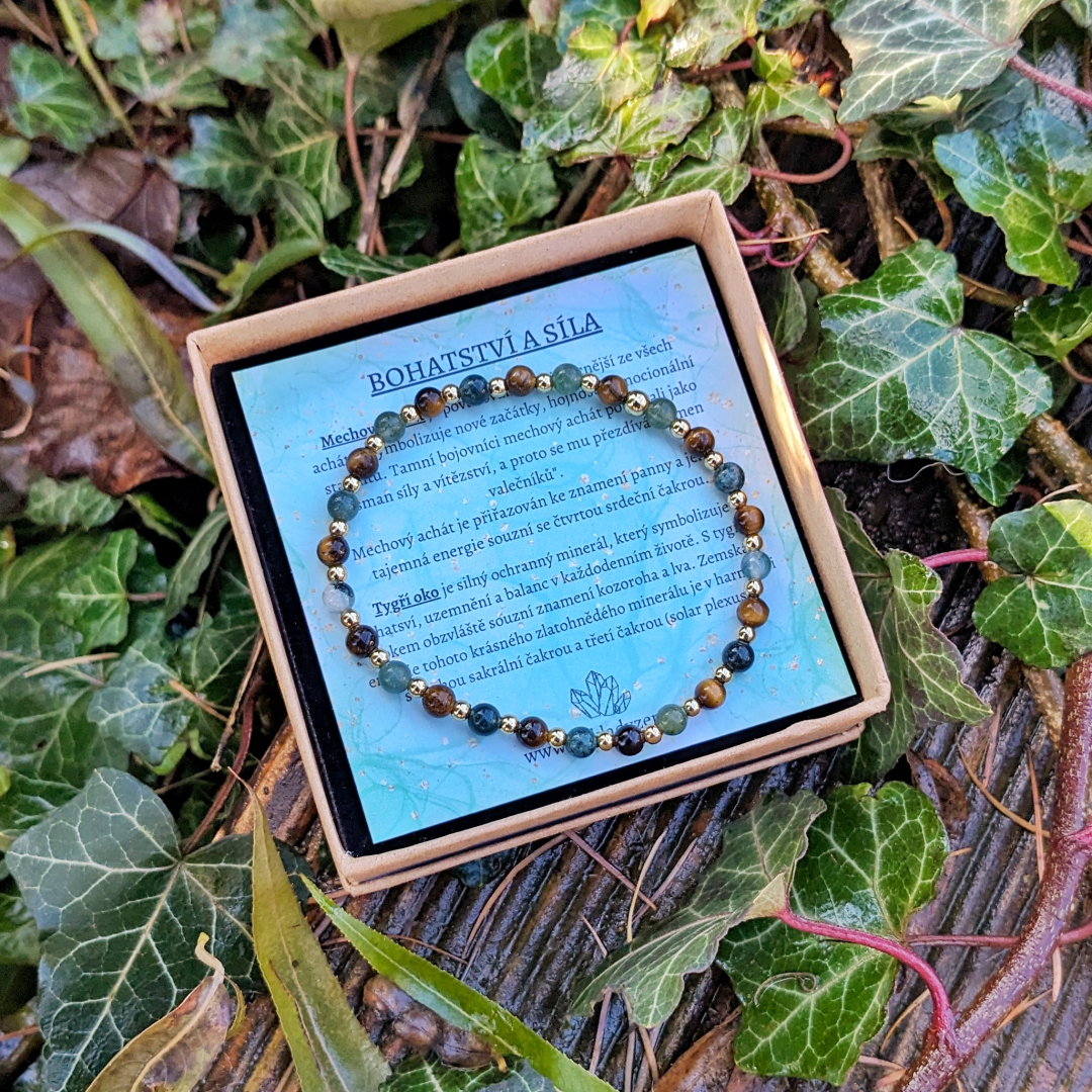 Náramek z mineralních kamenů tygřího oka a mechového achátu